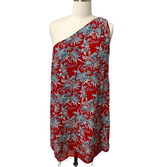 Loft One Shouldered Red Floral Dress Size Large - Picture 2 of 15